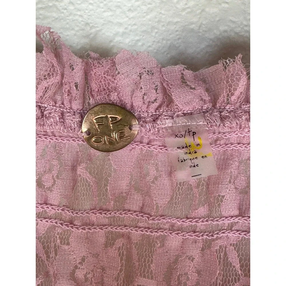 Free People FP One Madison Lace Top Pink Sheer Smocked Bell Sleeve XS‎ NWT